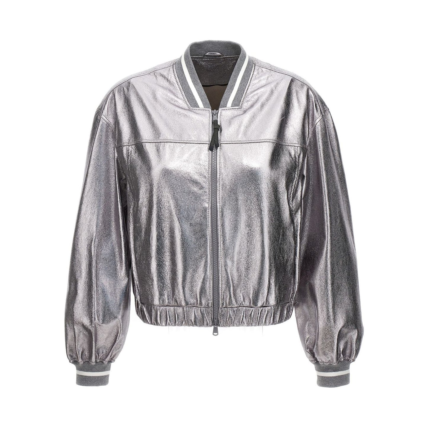 Brunello Cucinelli Silver Leather Bomber