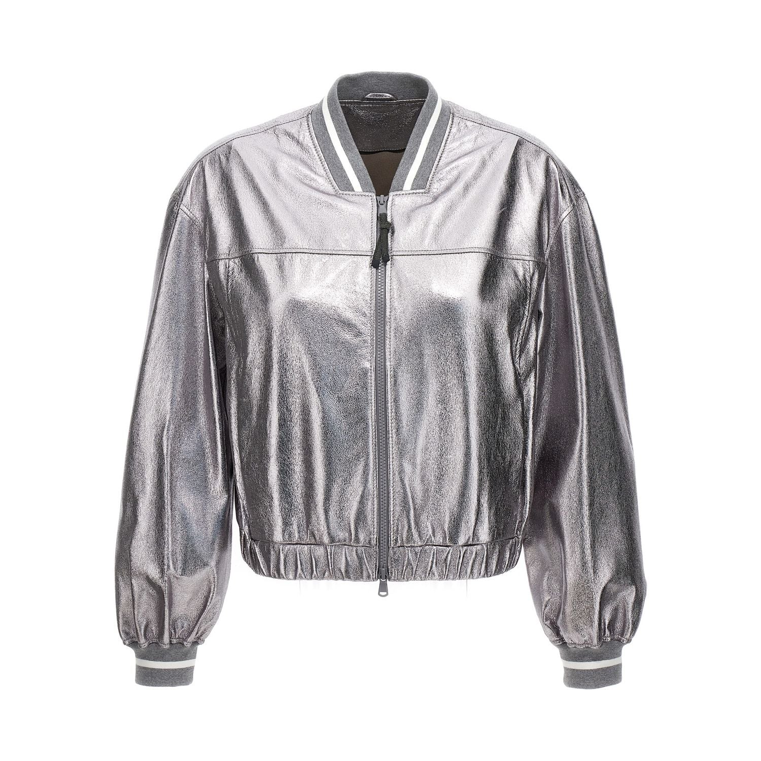 Brunello Cucinelli Silver Leather Bomber