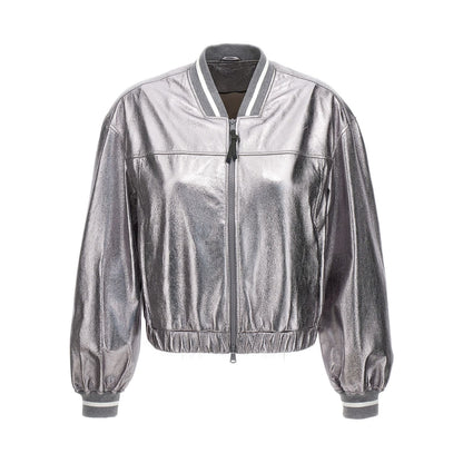 Brunello Cucinelli Silver Leather Bomber