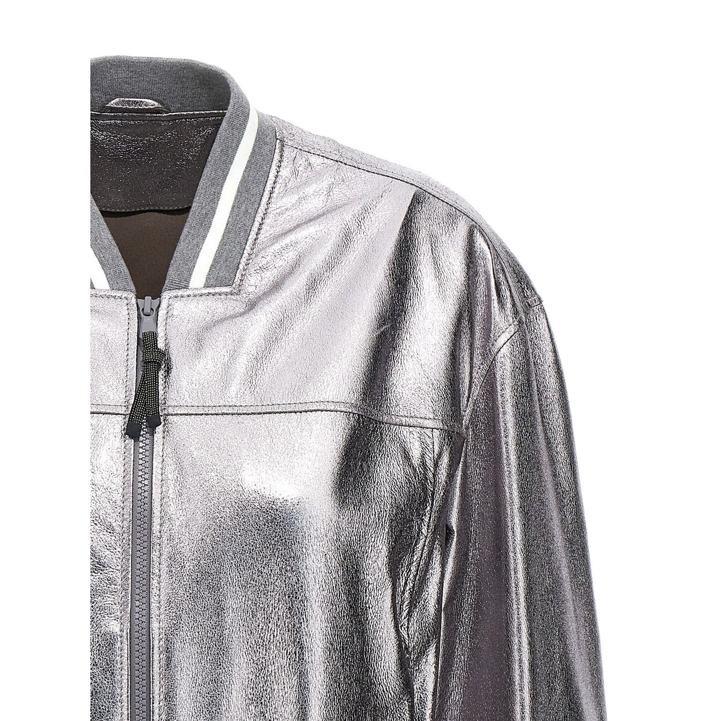 Brunello Cucinelli Silver Leather Bomber