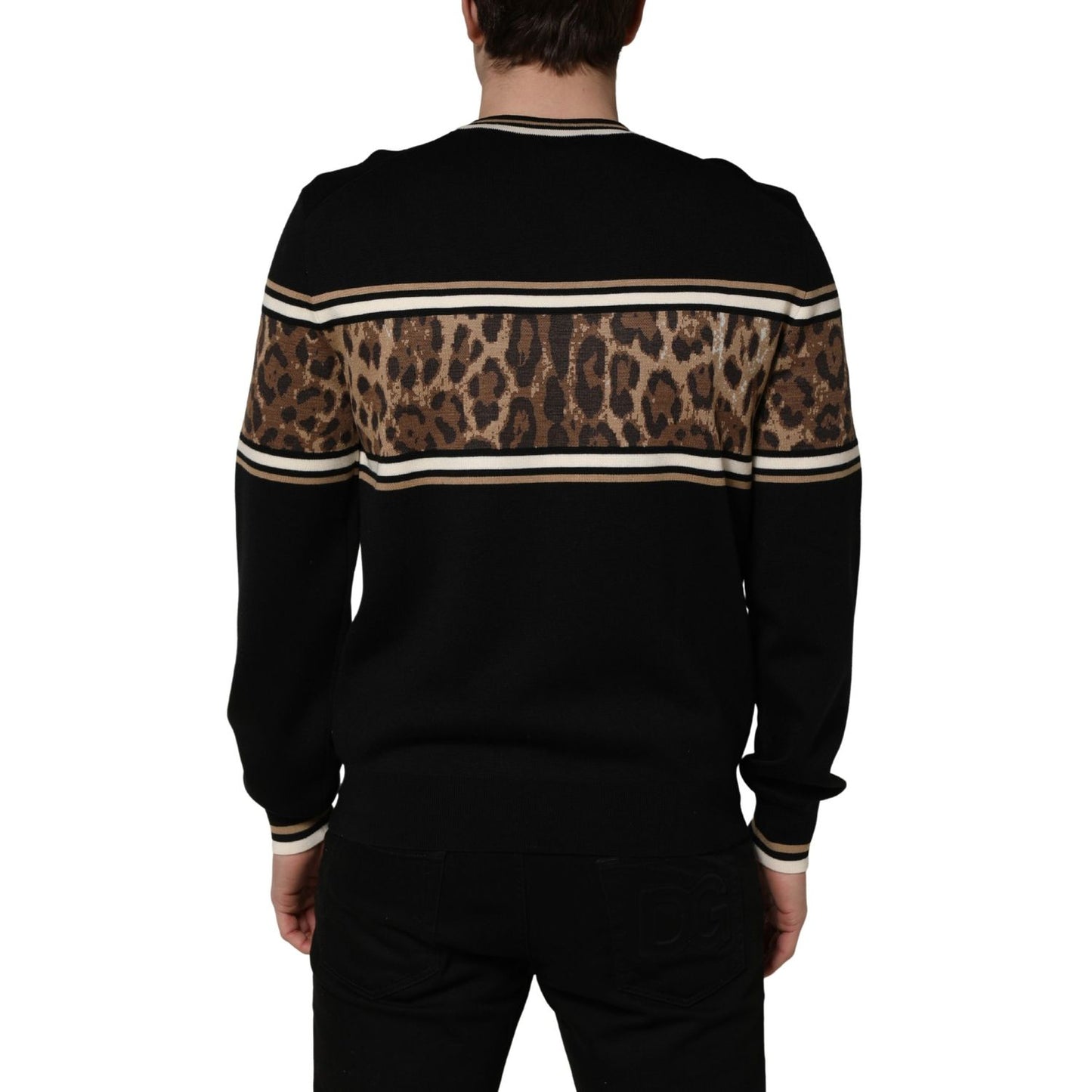 Dolce & Gabbana Black Leopard Wool Crew Neck Men Pullover Sweater