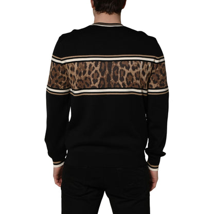 Dolce & Gabbana Black Leopard Wool Crew Neck Men Pullover Sweater