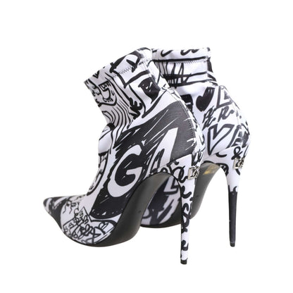 Dolce & Gabbana White Graffiti Stretch Ankle Boots Shoes