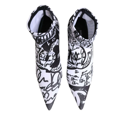 Dolce & Gabbana White Graffiti Stretch Ankle Boots Shoes