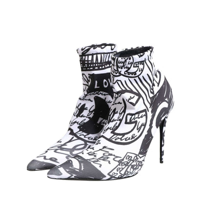 Dolce & Gabbana White Graffiti Stretch Ankle Boots Shoes