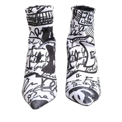 Dolce & Gabbana White Graffiti Stretch Ankle Boots Shoes