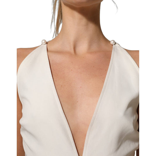 Atos Lombardini White Black Plunging Neck Sleeveless Bodysuit Dress