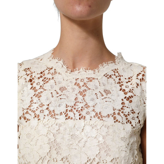 Dolce & Gabbana White Cotton Corded Lace Sleeveless Midi Dress