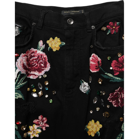Dolce & Gabbana Black Floral Cotton High Waist Tapered Pants