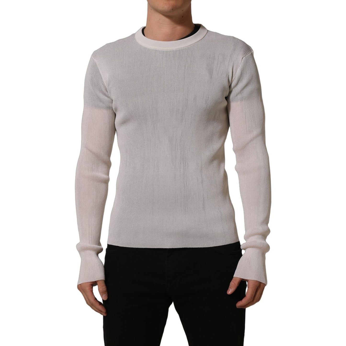 Dolce & Gabbana White Silk Crew Neck Men Pullover Sweater