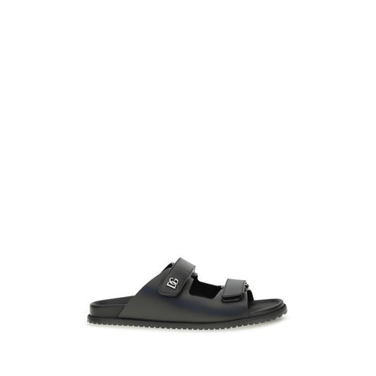 Dolce & Gabbana Black Calf Leather Bos Taurus Flat Sandals