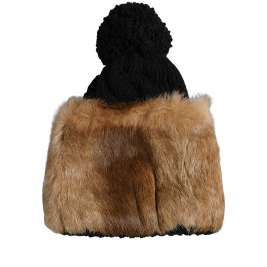 Dolce & Gabbana Black Brown Dyed Rabbit Real Fur Winter Beanie Hat
