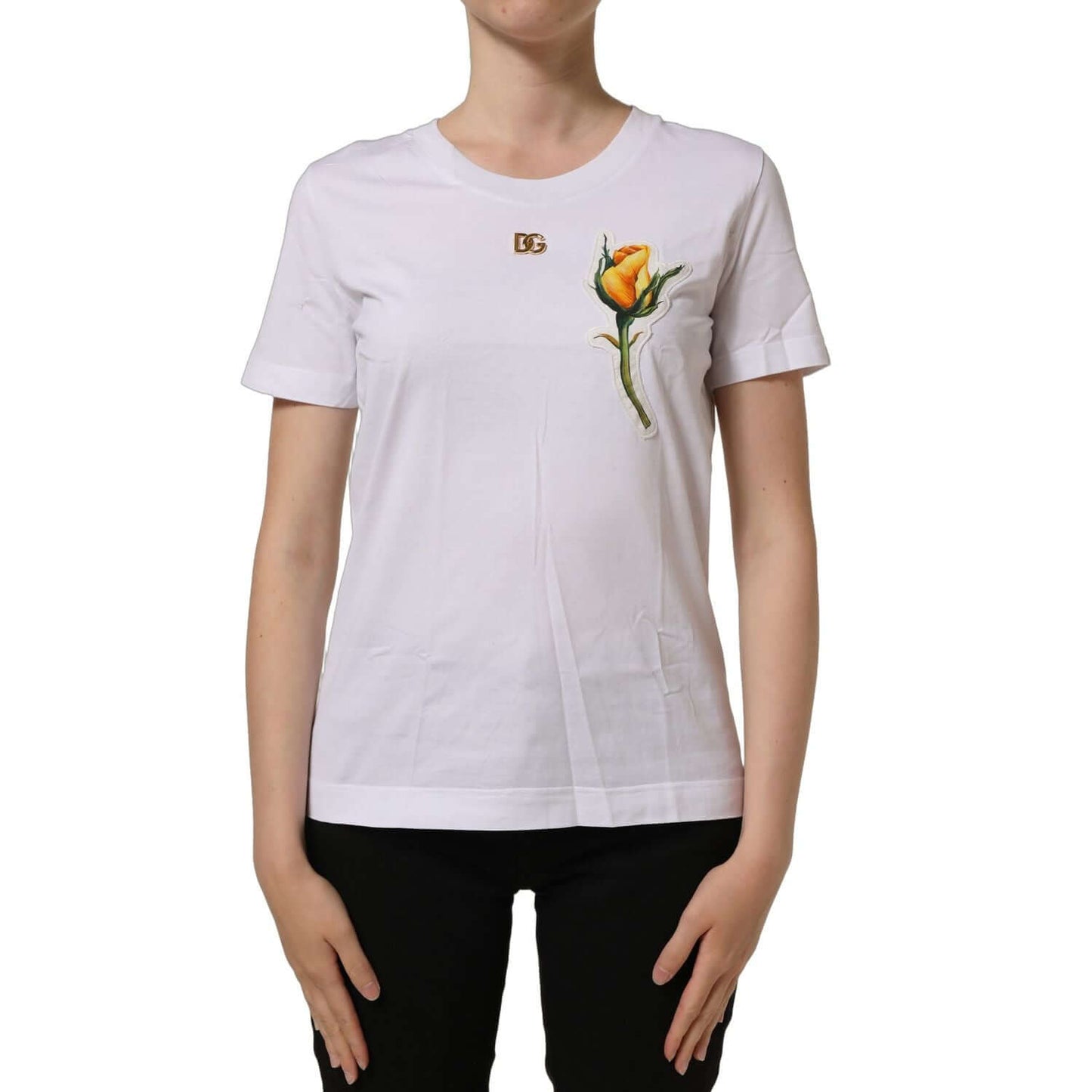 Dolce & Gabbana White Cotton Rose Patch Crew Neck T-shirt