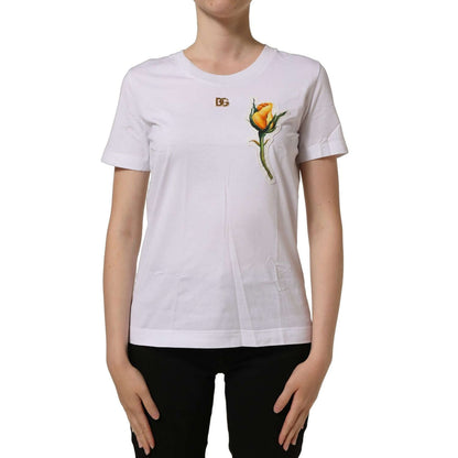Dolce & Gabbana White Cotton Rose Patch Crew Neck T-shirt