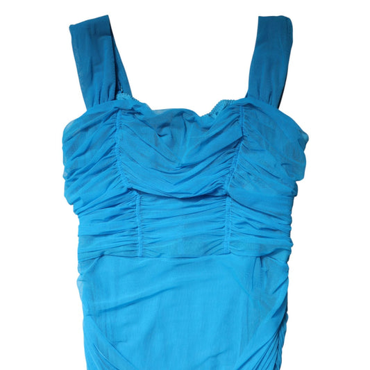 Dolce & Gabbana Blue Ruched Tulle Midi Square Neck Dress