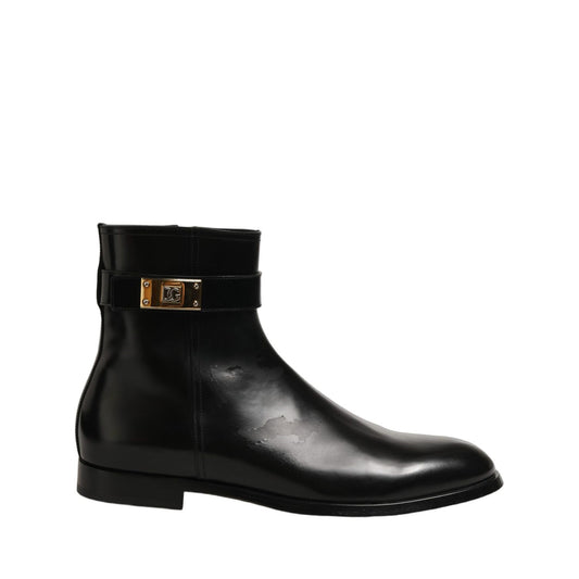 Dolce & Gabbana Black Leather Buckle Mid Calf Boots Shoes