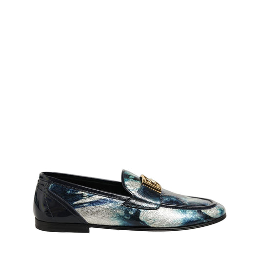 Dolce & Gabbana Metallic Blue Silver Leather DG Loafers Shoes