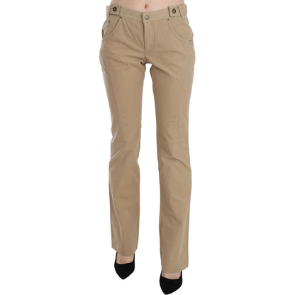 Just Cavalli Beige Cotton Mid Waist Straight Trousers Pants