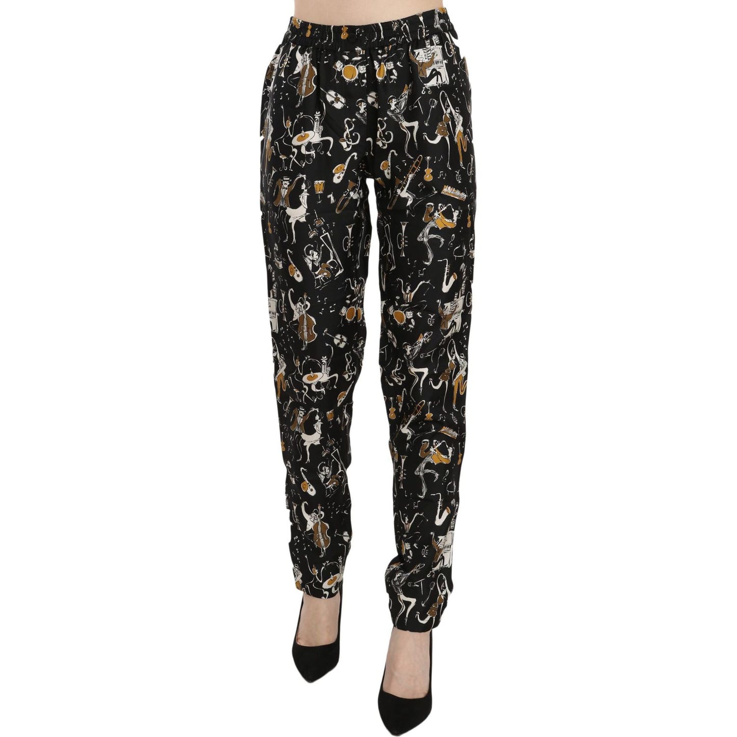 Dolce & Gabbana Black Jazz Club Print High Waist Tapered Pants