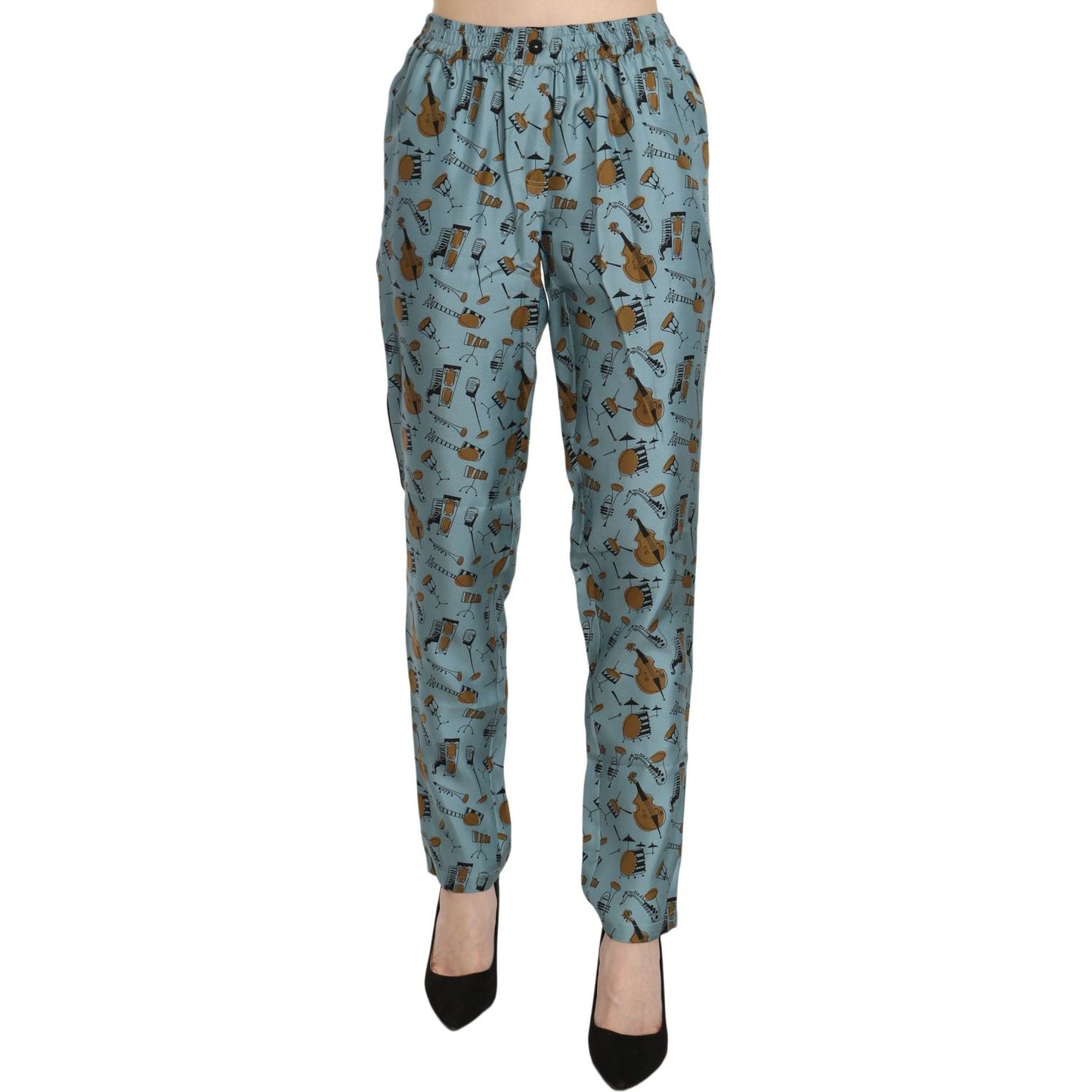 Dolce & Gabbana High Waist Tapered Silk Pants in Blue Print Dolce & Gabbana