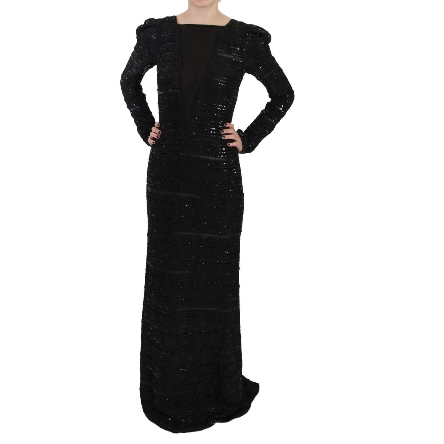 John Richmond Black Silk Full Length Sequined Gown Dress