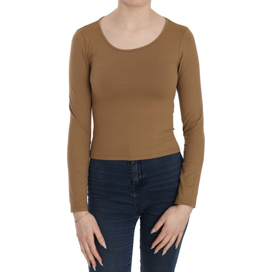 GF Ferre Brown Long Round Neck Sleeve Fitted Shirt Tops Blouse