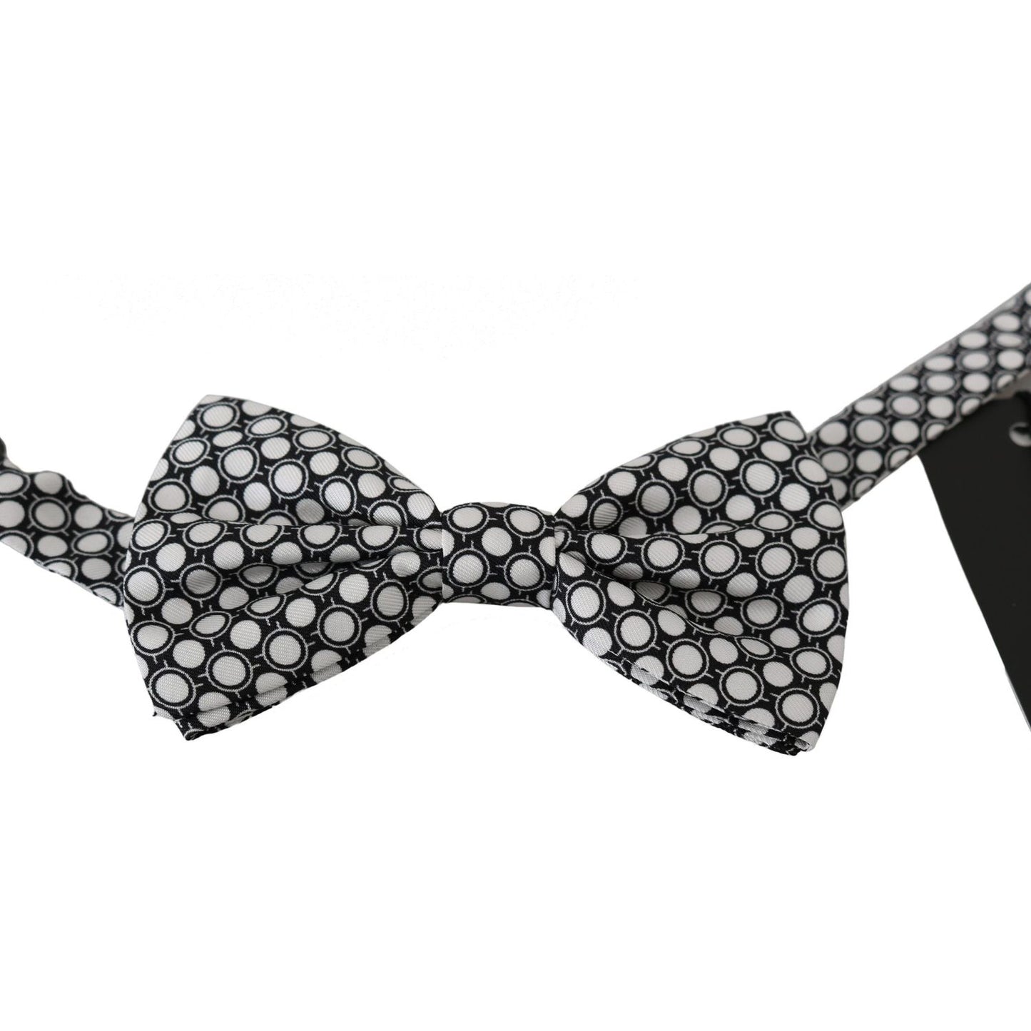 Dolce Gabbana adjustable silk bow tie in black and white circles pattern, 100% silk, made in Italy.