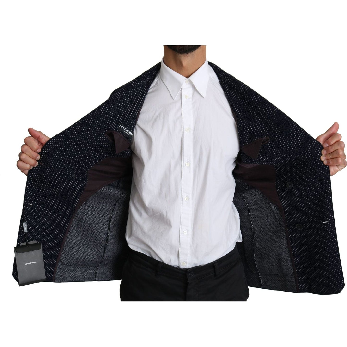 Dolce & Gabbana Dark Blue Dotted Double Breasted Coat Blazer 1728,67345645728,Blazers - Men - Clothing,Blazers - Suits & Blazers - Clothing,Blue,Clothing,Dolce & Gabbana,IT50 | L,Material: 58% Virgin Wool 37% Silk 4% Nylon 1% Elastane,Men,Men - Clothing,N