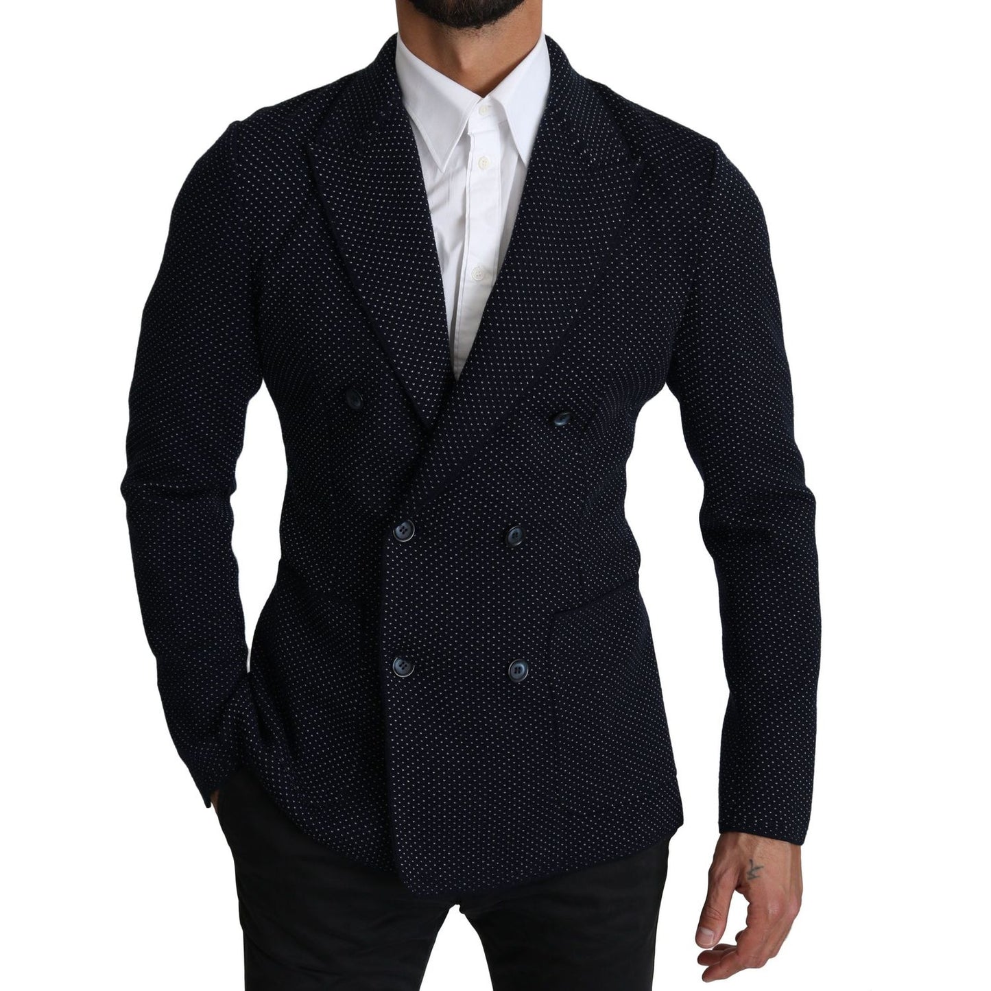 Dolce & Gabbana Dark Blue Dotted Double Breasted Coat Blazer 1728,67345645728,Blazers - Men - Clothing,Blazers - Suits & Blazers - Clothing,Blue,Clothing,Dolce & Gabbana,IT50 | L,Material: 58% Virgin Wool 37% Silk 4% Nylon 1% Elastane,Men,Men - Clothing,N