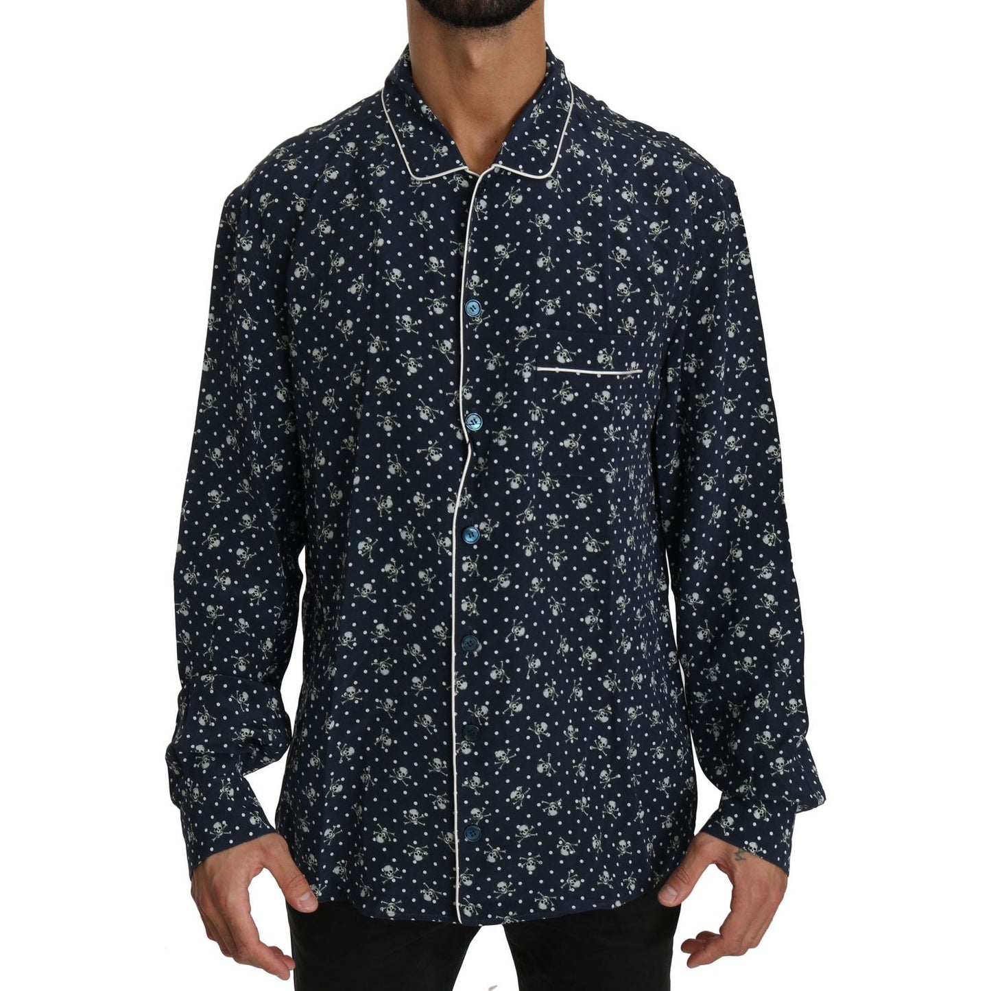 Dolce & Gabbana Silken Elegance: Blue Skull Print Lounge Shirt Dolce & Gabbana