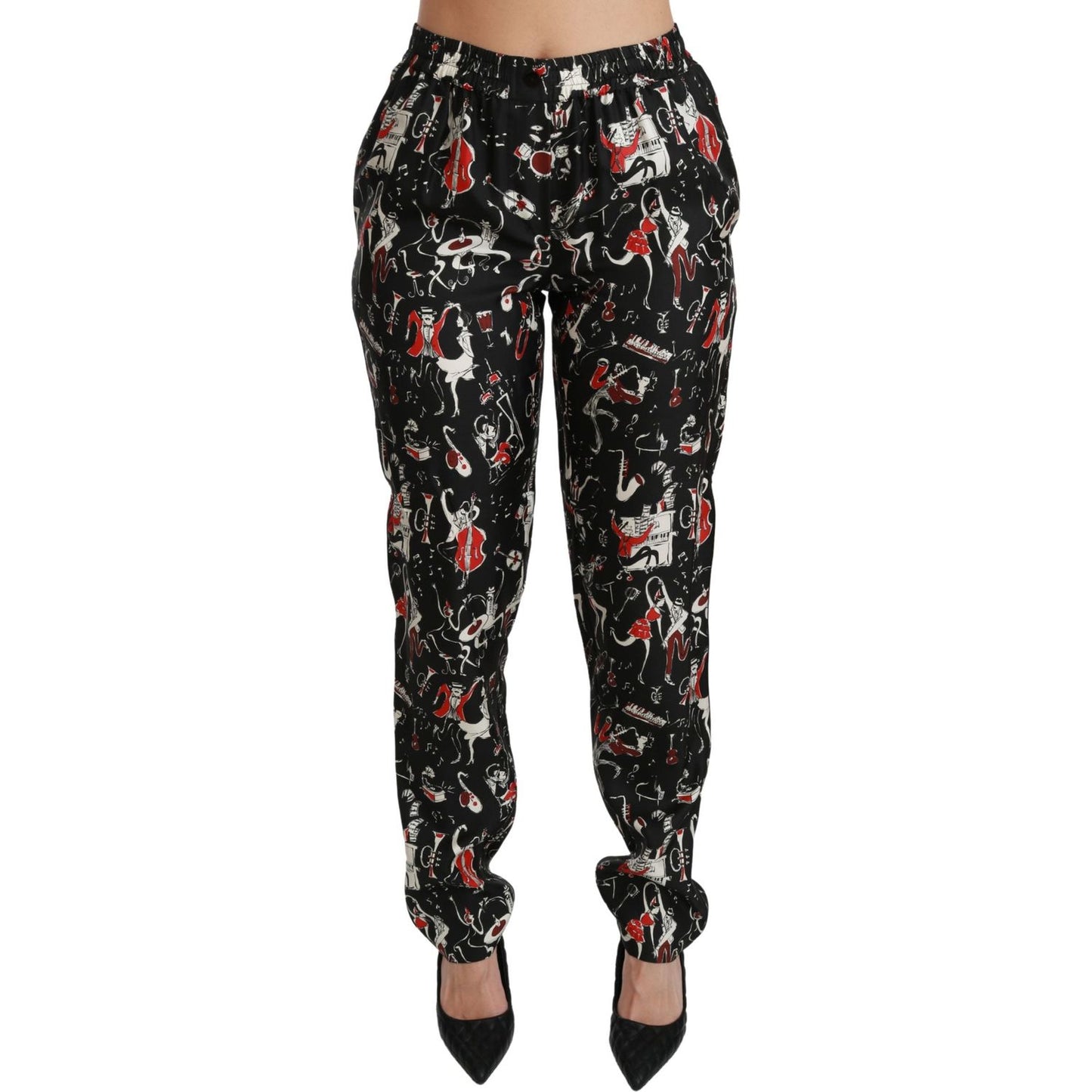 Dolce & Gabbana Black Silk Instrument Mid Waist Pants