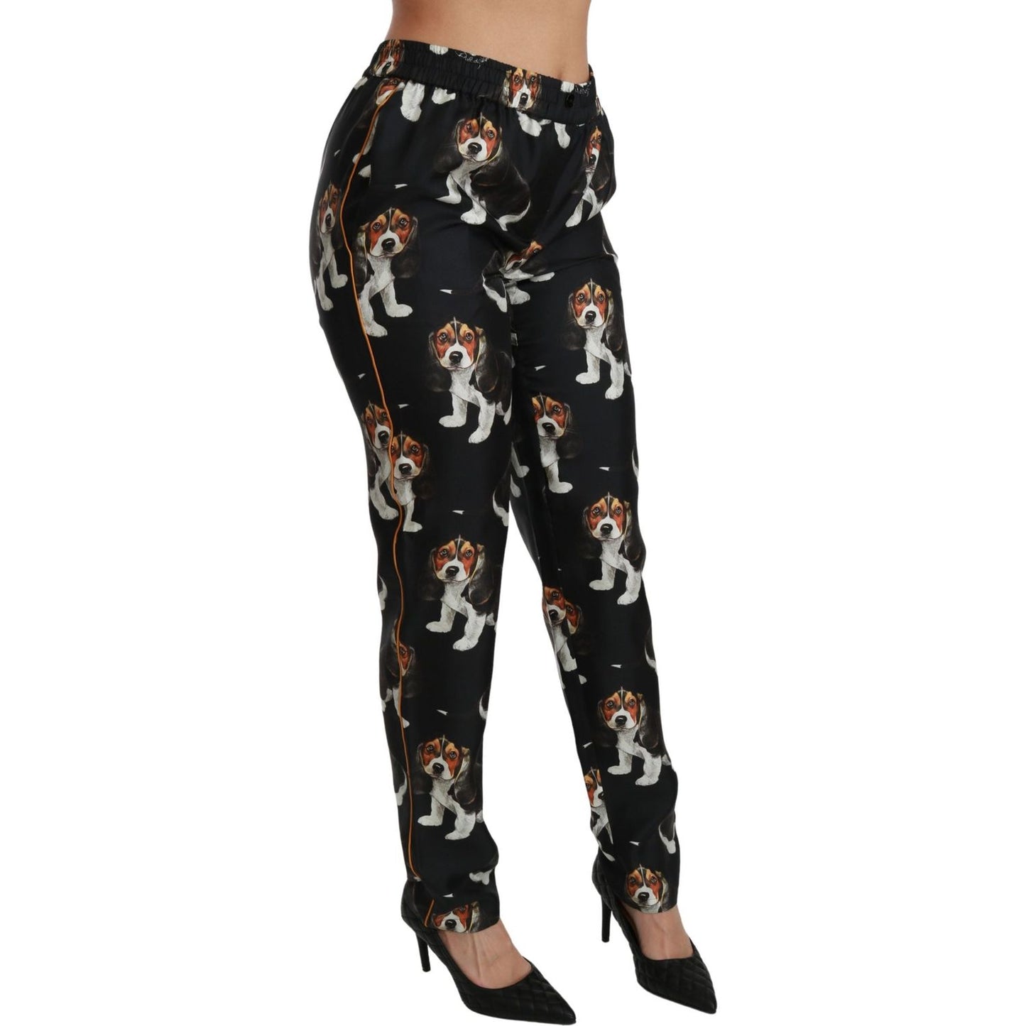 Dolce & Gabbana Elegant Silk Puppy Dog Print Pants Dolce & Gabbana