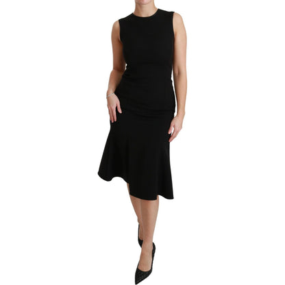 Dolce & Gabbana Black Fit Flare Wool Stretch Sheath Dress