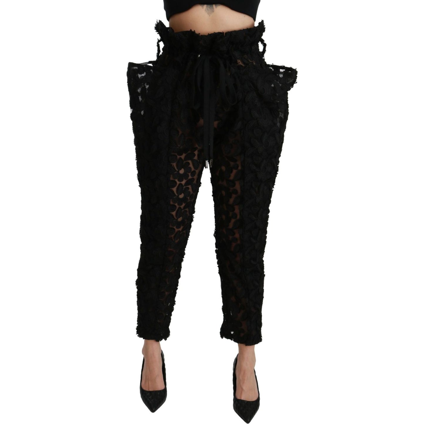 Dolce & Gabbana Black Floral Lace Tapered High Waist Pants