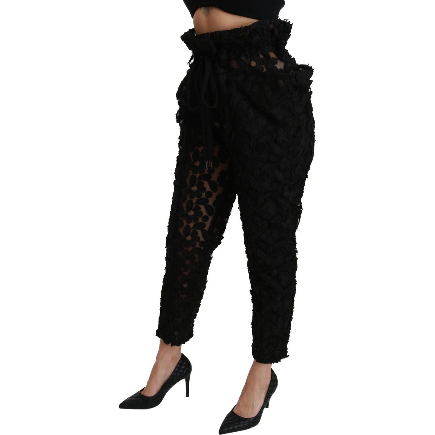 Dolce & Gabbana Black Floral Lace Tapered High Waist Pants