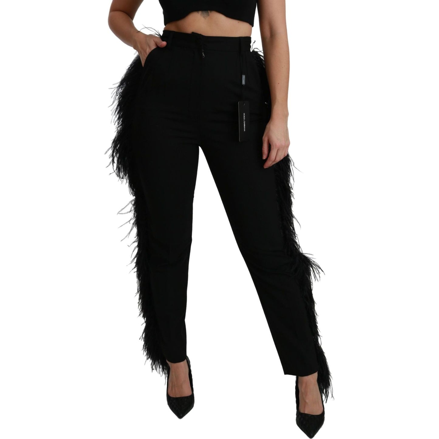 Dolce & Gabbana Black Feather Straight High Waist Wool Pants