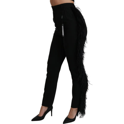 Dolce & Gabbana Black Feather Straight High Waist Wool Pants