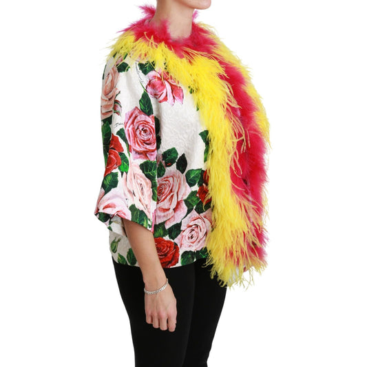 Dolce & Gabbana Elegant Floral Cape Jacket with Fur Details Coats & Jackets Dolce & Gabbana