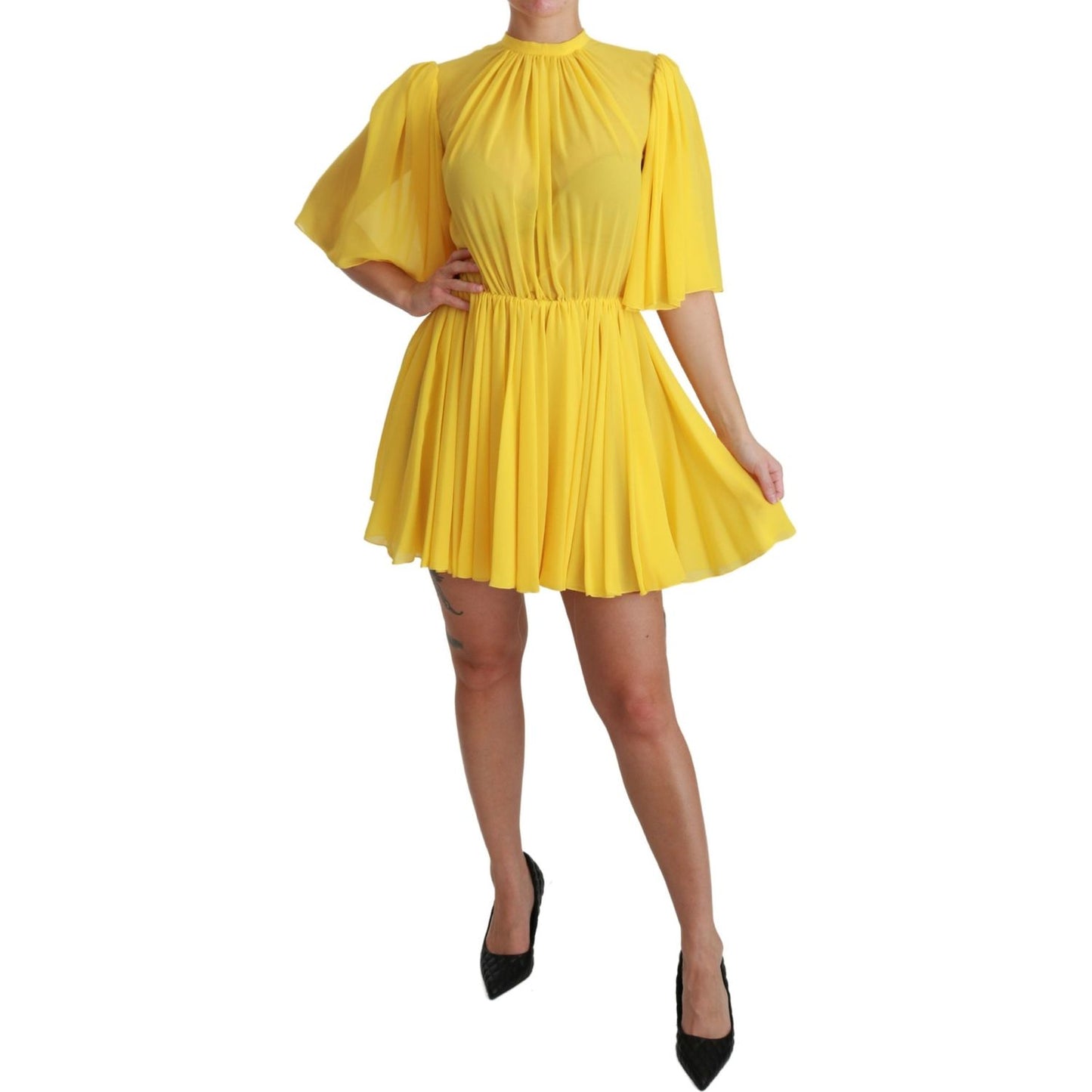 Dolce & Gabbana Yellow Pleated A-line Mini 100% Silk Dress