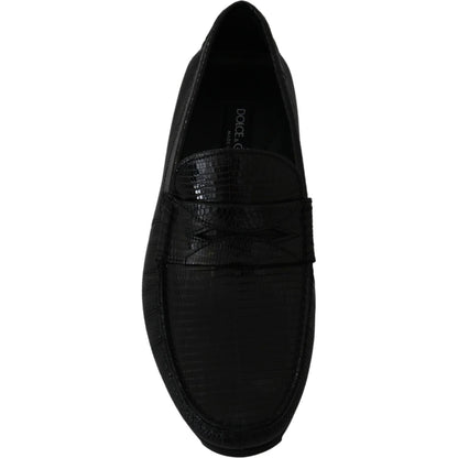 Dolce & Gabbana Black Lizard Leather Flat Loafers Shoes