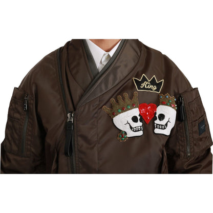 Dolce & Gabbana Brown Beaded Crown Skull Logo Jacket 1728,67345645728,Bombers - Jackets & Coats - Clothing,Brown,Clothing,Dolce & Gabbana,IT44 | S,IT46 | M,IT50 | L,Jackets & Coats - Clothing,Jackets - Men - Clothing,Material: 100% Nylon,Men,Men - Clothin