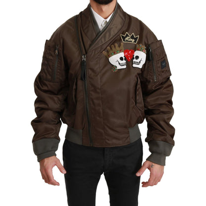 Dolce & Gabbana Brown Beaded Crown Skull Logo Jacket 1728,67345645728,Bombers - Jackets & Coats - Clothing,Brown,Clothing,Dolce & Gabbana,IT44 | S,IT46 | M,IT50 | L,Jackets & Coats - Clothing,Jackets - Men - Clothing,Material: 100% Nylon,Men,Men - Clothin