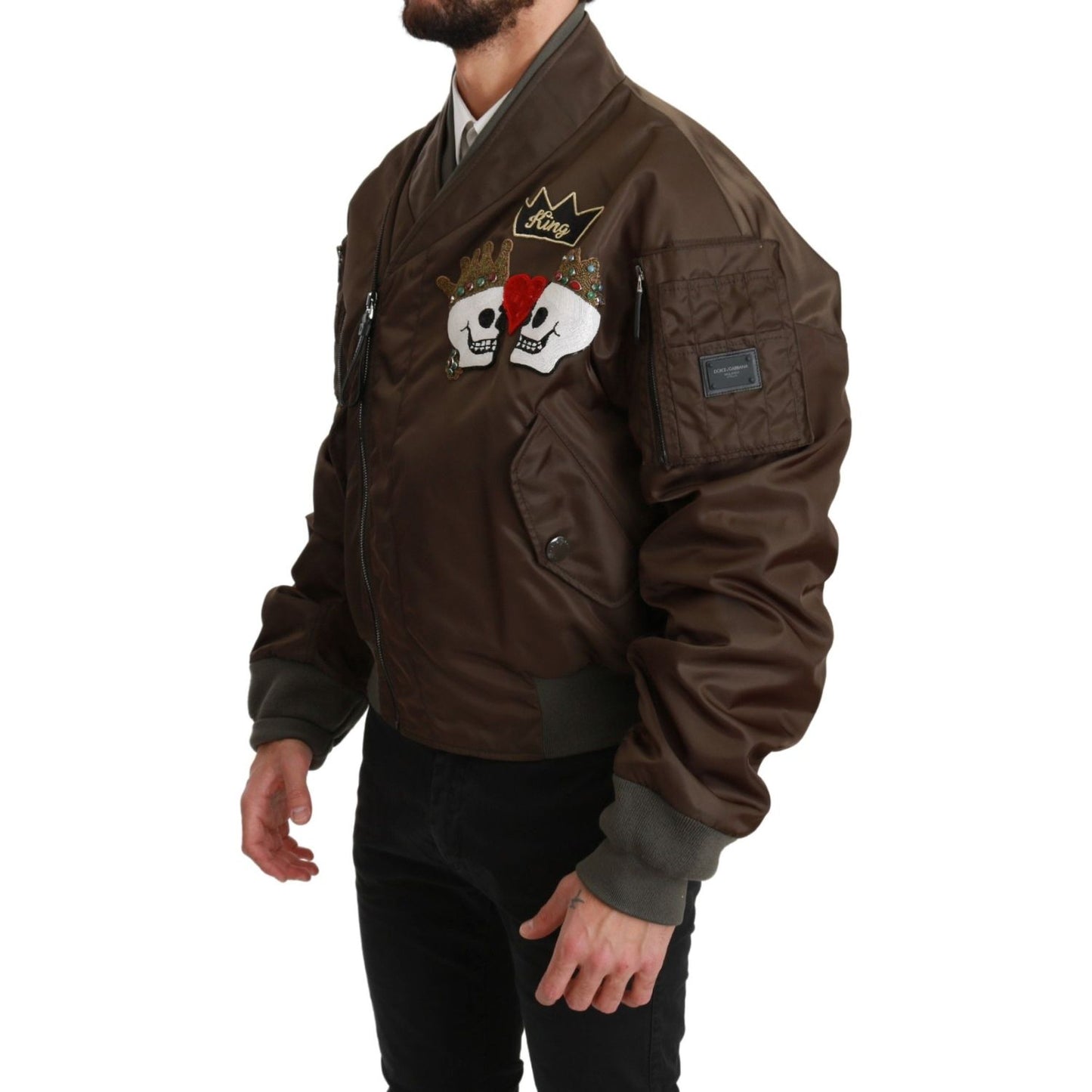 Dolce & Gabbana Brown Beaded Crown Skull Logo Jacket 1728,67345645728,Bombers - Jackets & Coats - Clothing,Brown,Clothing,Dolce & Gabbana,IT44 | S,IT46 | M,IT50 | L,Jackets & Coats - Clothing,Jackets - Men - Clothing,Material: 100% Nylon,Men,Men - Clothin