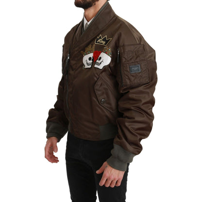 Dolce & Gabbana Brown Beaded Crown Skull Logo Jacket 1728,67345645728,Bombers - Jackets & Coats - Clothing,Brown,Clothing,Dolce & Gabbana,IT44 | S,IT46 | M,IT50 | L,Jackets & Coats - Clothing,Jackets - Men - Clothing,Material: 100% Nylon,Men,Men - Clothin