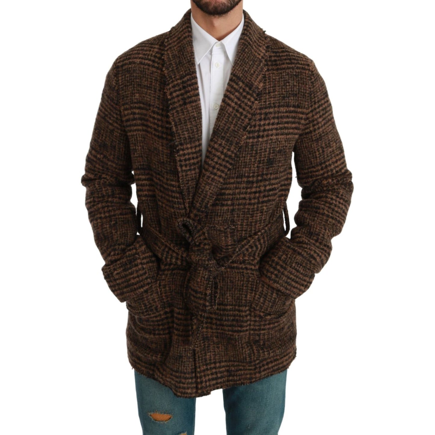 Dolce & Gabbana Brown Checkered Wool Robe Coat Wrap Jacket 1728,67345645728,Brown,Clothing,Coats - Jackets & Coats - Clothing,Dolce & Gabbana,IT44 | XS,IT46 | S,IT48 | M,Jackets & Coats - Clothing,Jackets - Men - Clothing,Material: 12% Nylon 52% Wool 36%