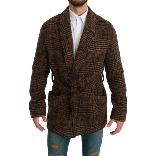 Dolce & Gabbana Brown Checkered Wool Robe Coat Wrap Jacket 1728,67345645728,Brown,Clothing,Coats - Jackets & Coats - Clothing,Dolce & Gabbana,IT44 | XS,IT46 | S,IT48 | M,Jackets & Coats - Clothing,Jackets - Men - Clothing,Material: 12% Nylon 52% Wool 36%