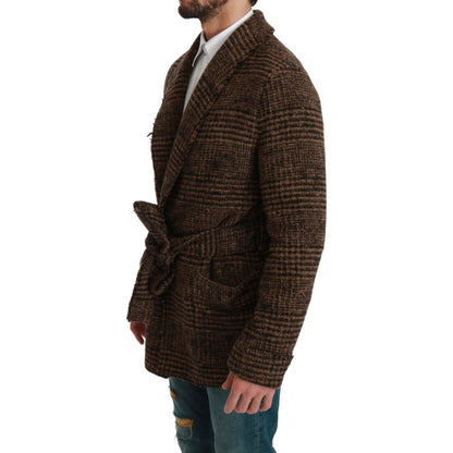 Dolce & Gabbana Brown Checkered Wool Robe Coat Wrap Jacket 1728,67345645728,Brown,Clothing,Coats - Jackets & Coats - Clothing,Dolce & Gabbana,IT44 | XS,IT46 | S,IT48 | M,Jackets & Coats - Clothing,Jackets - Men - Clothing,Material: 12% Nylon 52% Wool 36%