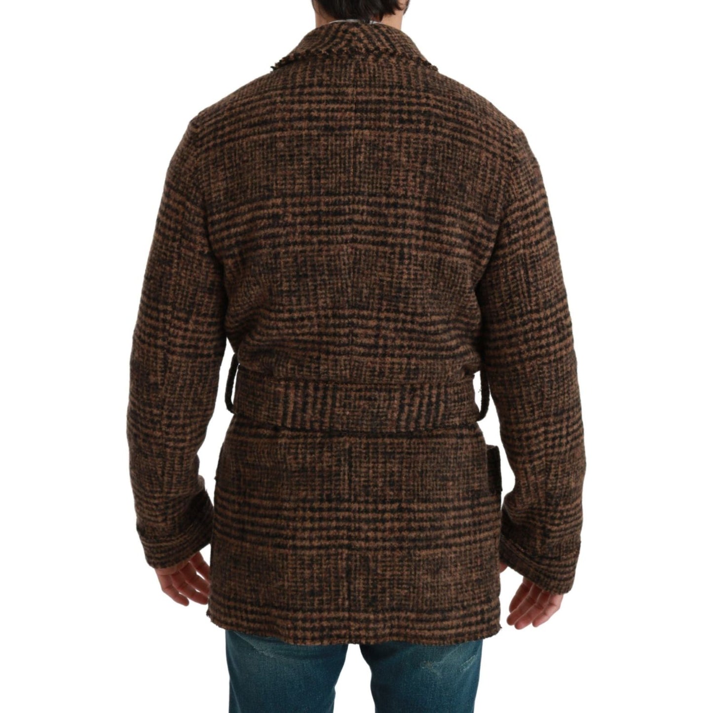 Dolce & Gabbana Brown Checkered Wool Robe Coat Wrap Jacket 1728,67345645728,Brown,Clothing,Coats - Jackets & Coats - Clothing,Dolce & Gabbana,IT44 | XS,IT46 | S,IT48 | M,Jackets & Coats - Clothing,Jackets - Men - Clothing,Material: 12% Nylon 52% Wool 36%
