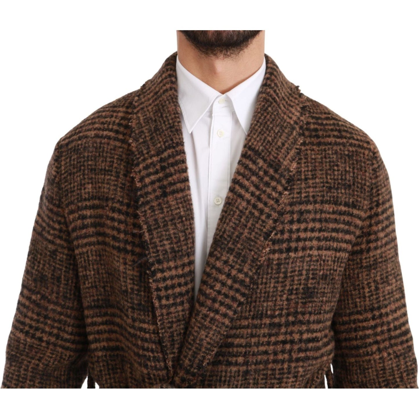 Dolce & Gabbana Brown Checkered Wool Robe Coat Wrap Jacket 1728,67345645728,Brown,Clothing,Coats - Jackets & Coats - Clothing,Dolce & Gabbana,IT44 | XS,IT46 | S,IT48 | M,Jackets & Coats - Clothing,Jackets - Men - Clothing,Material: 12% Nylon 52% Wool 36%