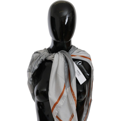 Costume National Gray Orange Silk Floral Foulard Wrap Scarf
